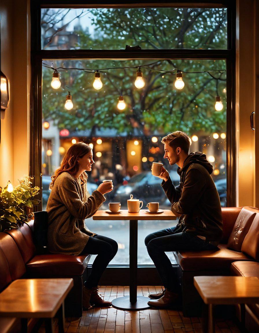 A cozy café setting with two people engaged in deep conversation, surrounded by warm lighting and intimate decor. Include elements that symbolize emotional connection, like heart-shaped coffee cups and soft glowing accents. The background should show a blurred window view with soft rain, enhancing the atmosphere of romance and intimacy. super-realistic. warm colors. soft focus.