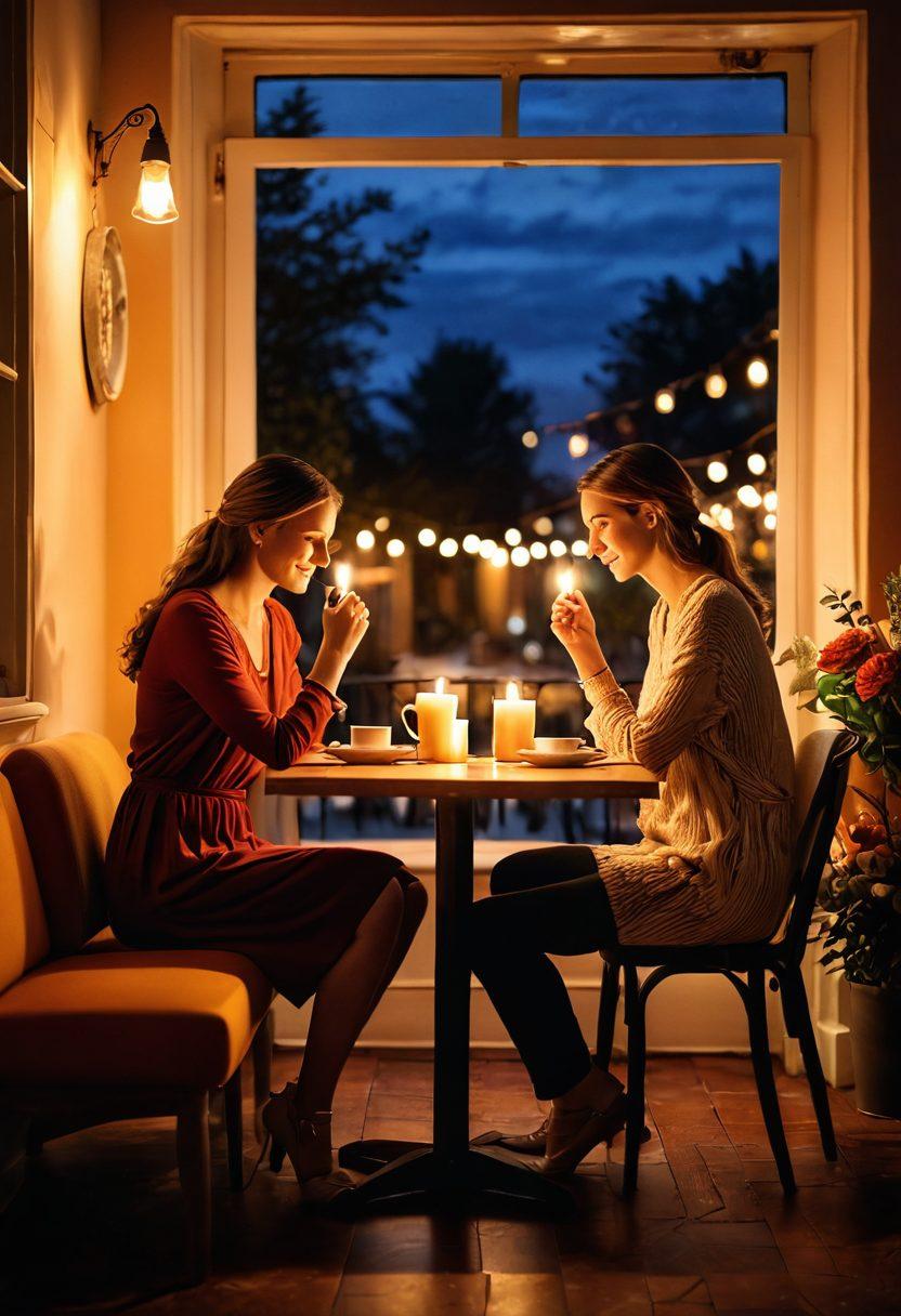 A cozy café setting with two people engaged in deep conversation, surrounded by soft candlelight and warm, inviting colors. Visual elements of heart motifs subtly integrated into the background, symbolizing affection and romance. Include a delicate bouquet of flowers on the table, hinting at intimacy. Capture the warmth and emotion in their expressions, making the atmosphere feel joyous and connected. super-realistic. vibrant colors. soft focus.