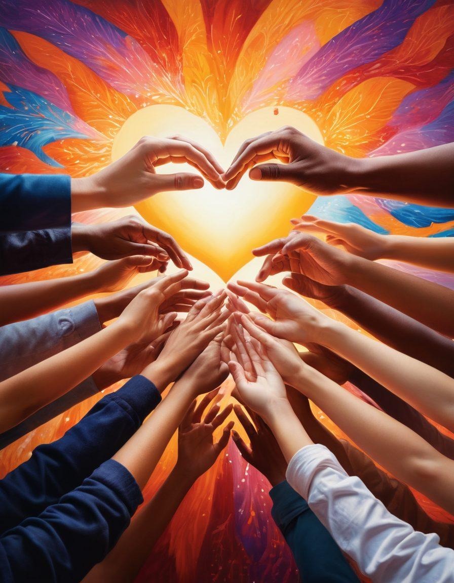 A diverse group of people engaged in a lively, heartfelt discussion, showcasing expressions of empathy and understanding. The background features a vibrant mural symbolizing connection and trust, with elements like a heart and hands joining together. Warm, inviting lighting enhances the scene, emphasizing the passion in their interaction. super-realistic. vibrant colors. warm lighting.